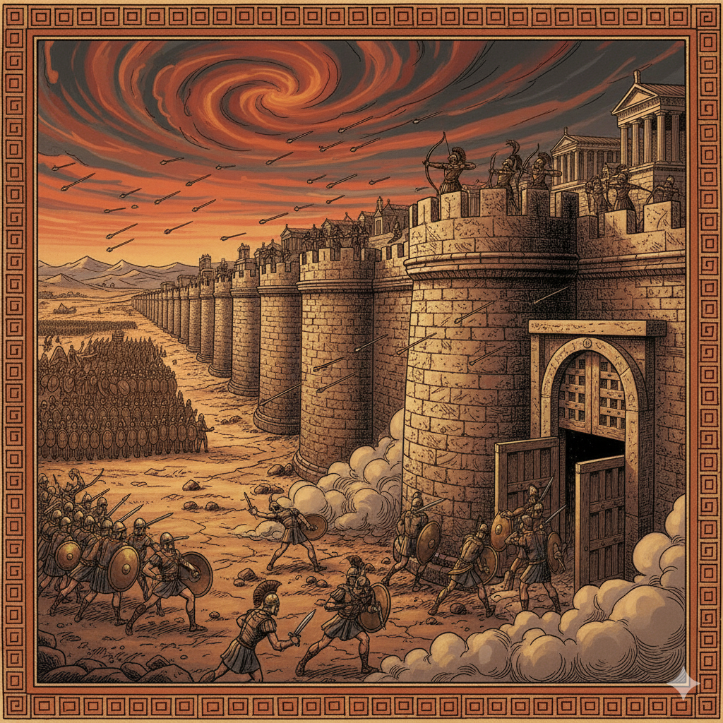 Trojaanse boogschutters op de bolwerken en een uitval van het leger