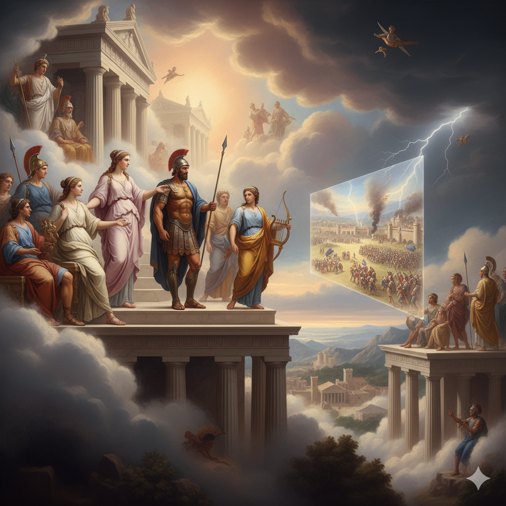 De goden die Troje steunen: Aphrodite, Ares, Apollo en Artemis