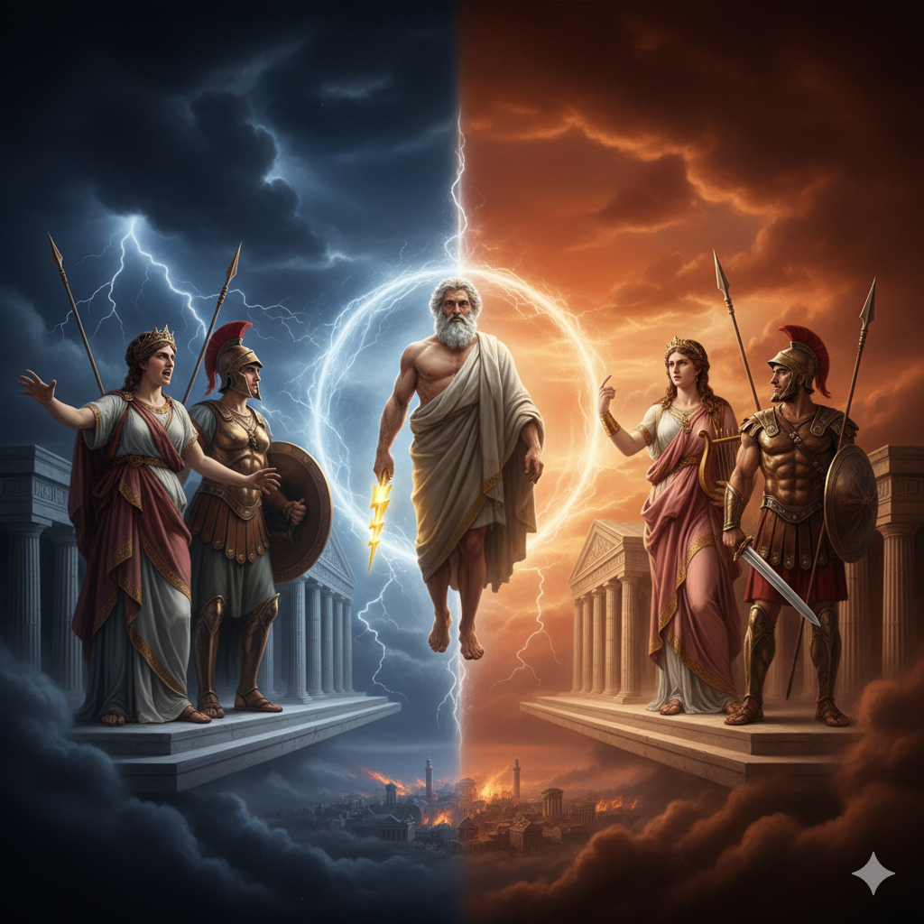 Hera en Athena tegenover de pro-Trojaanse goden, Zeus in balans