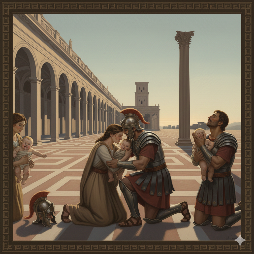 Baby krijst bij het zien van Hektors helm, Hektor lacht en zet de helm af