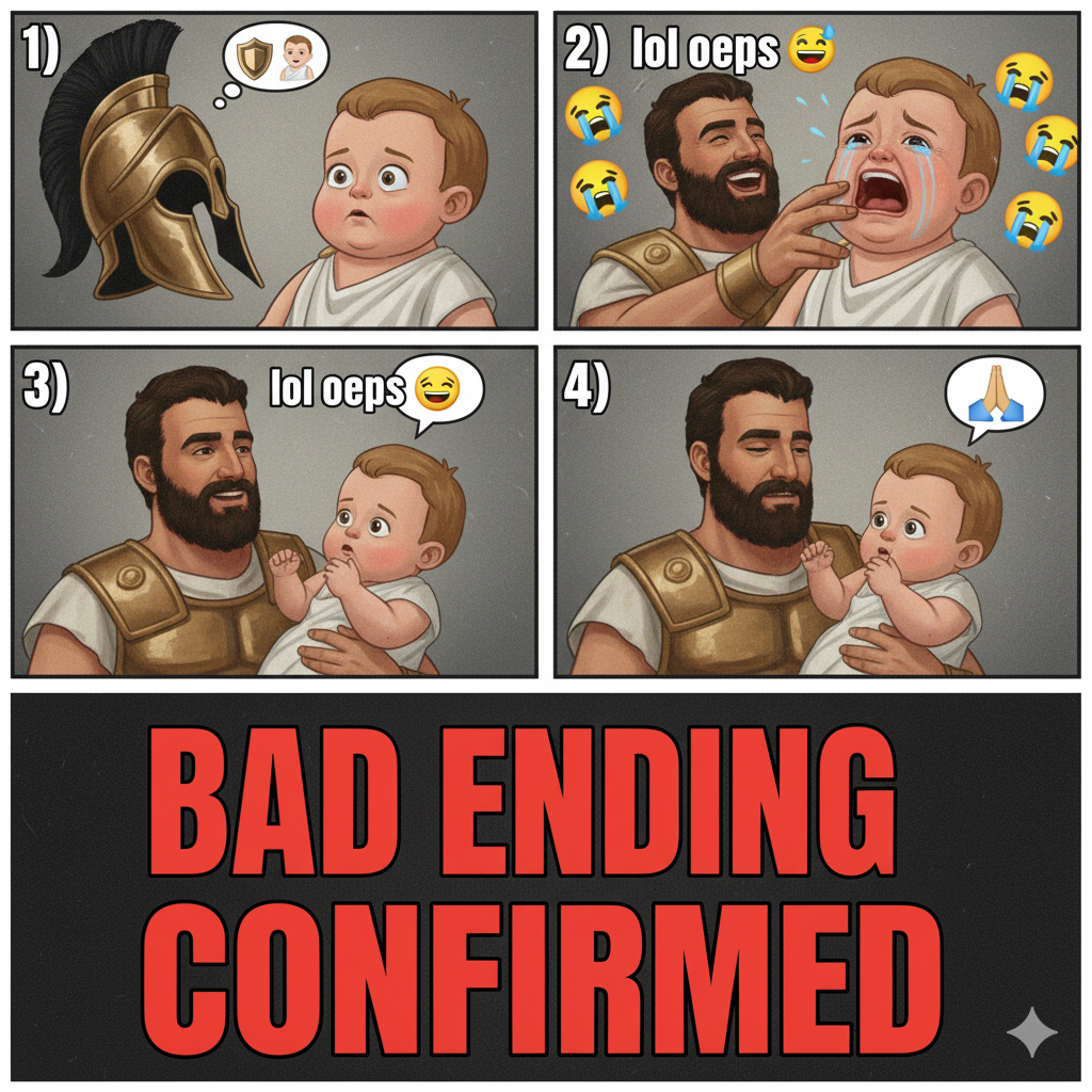 Comic-style: baby huilt, Hektor lacht, zet helm af, bidt - bad ending