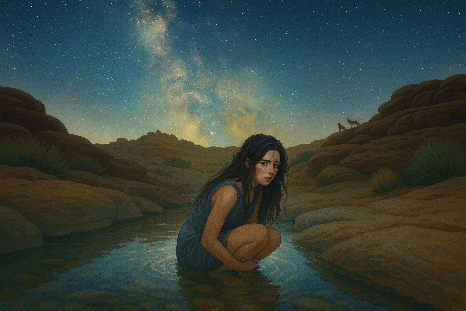 Illustratie B: Lydia bevalt in een waterpoel in de nacht.