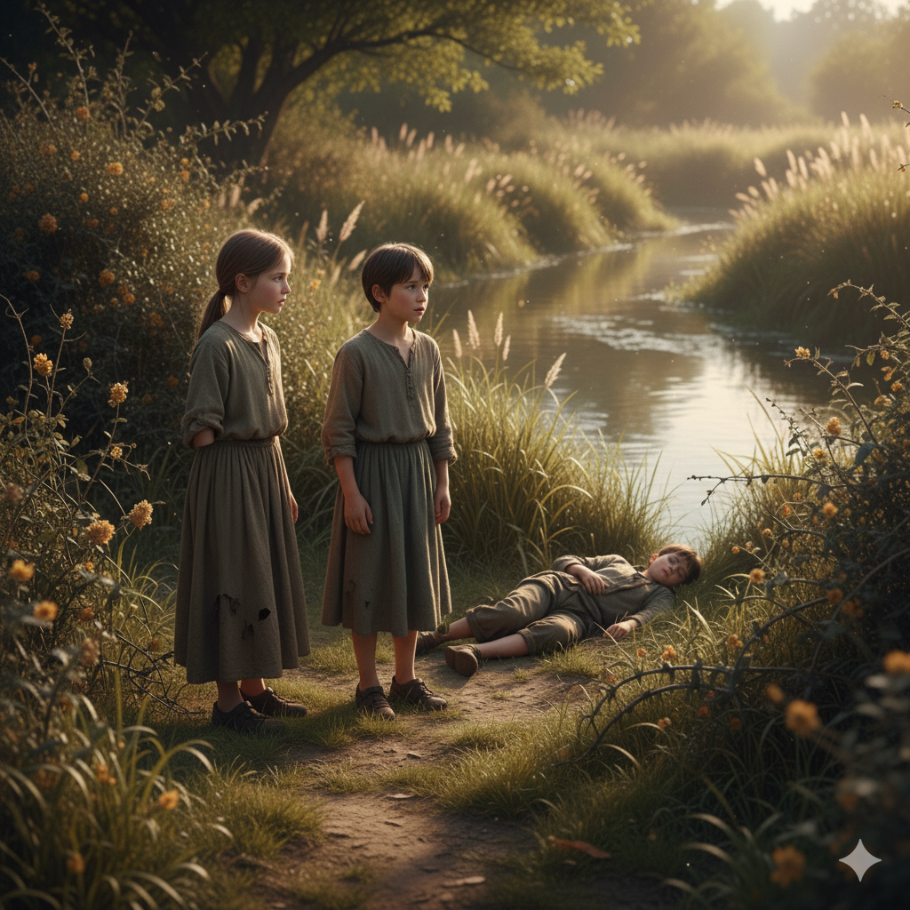 Illustratie C: Zissel en Jabin bij braamstruiken langs de rivier.