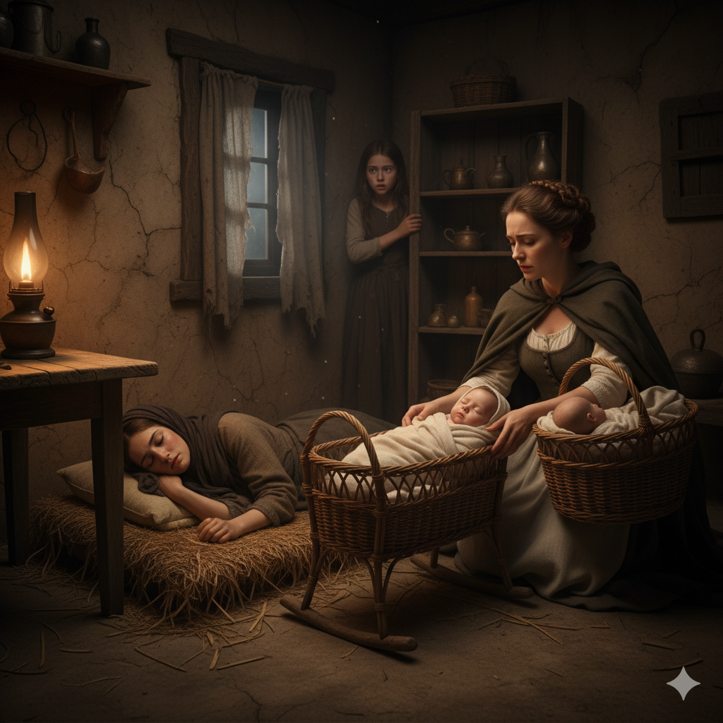 Illustratie D: nachtelijke babywisseling in Lydia's huis.